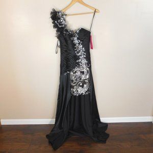 Prom Formal Evening Dress Gown Elaborate Sequins Black Silver